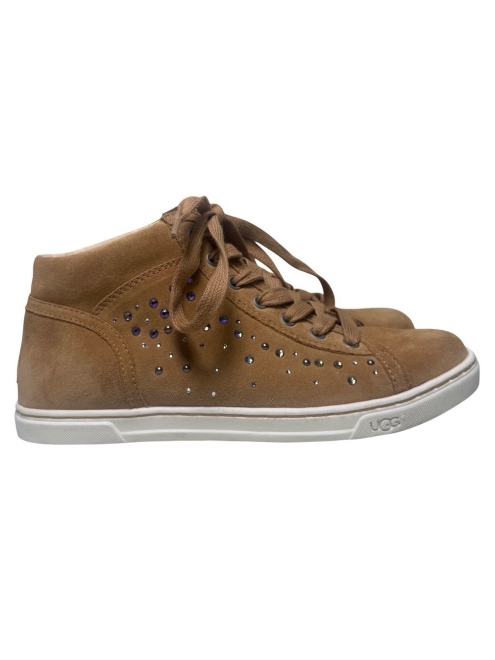 UGG Womens High Top Sneakers Tan Suede Rhinestone Size 7 Crystal Bling Cozy Y2K